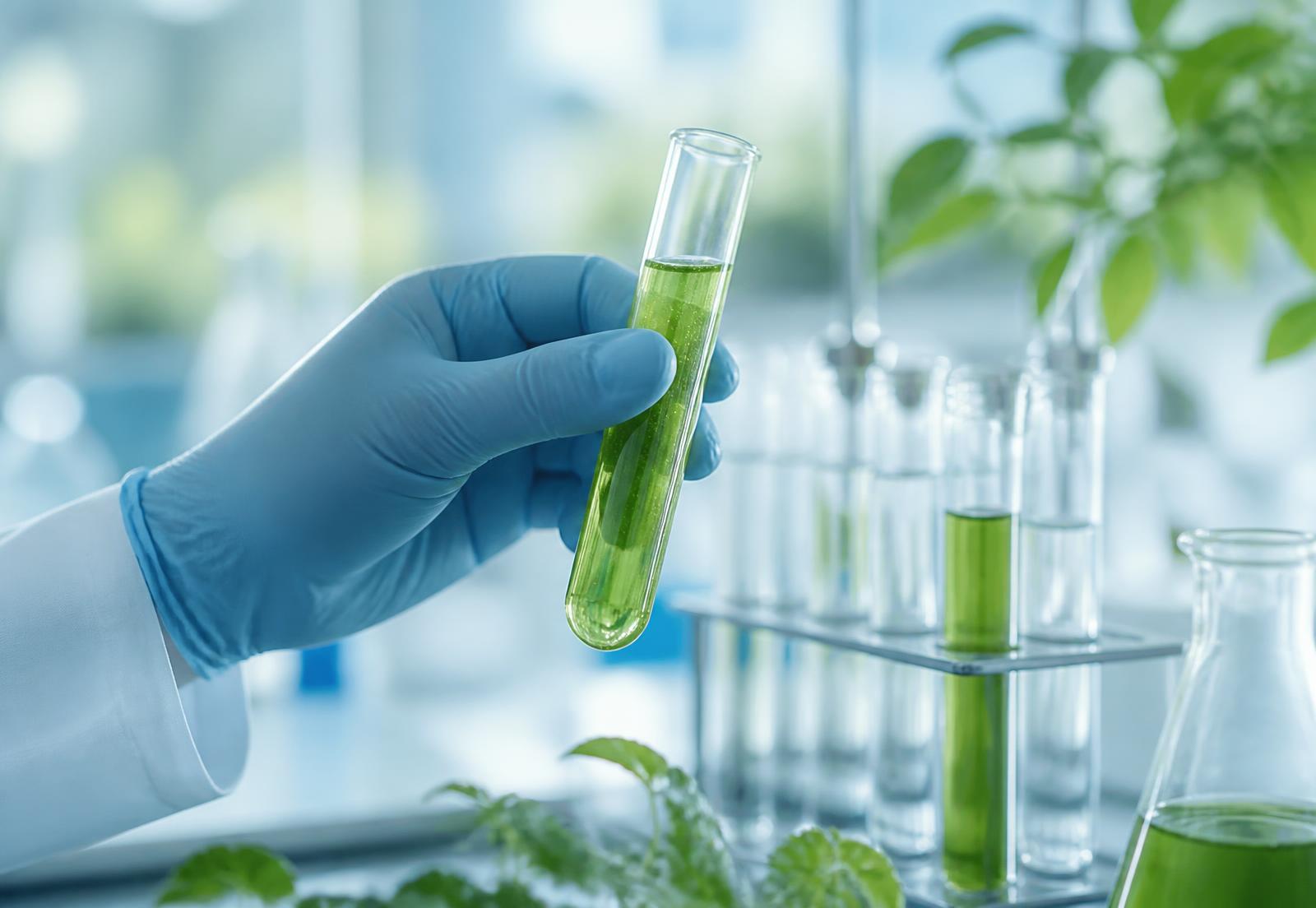 Gloved laboratory hand holding a test tube containing a green plant extract