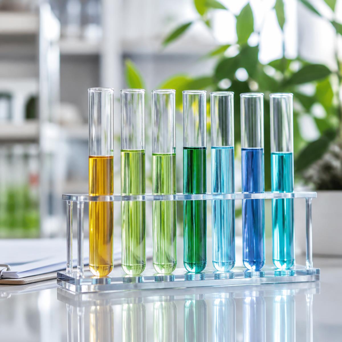 Rack of test tubes containing coloured sample solutions in a laboratory